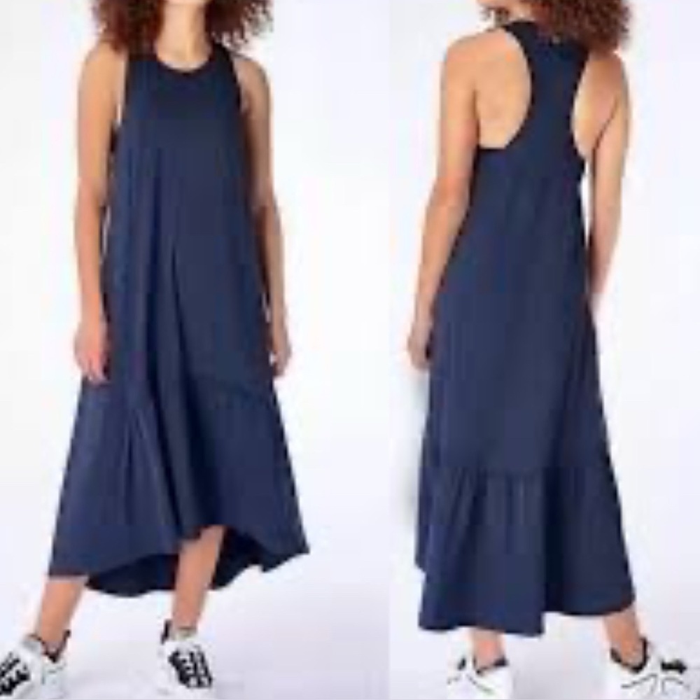 Sweaty Betty Navy Racerback High-Low Maxi Dress with Tiered Hem